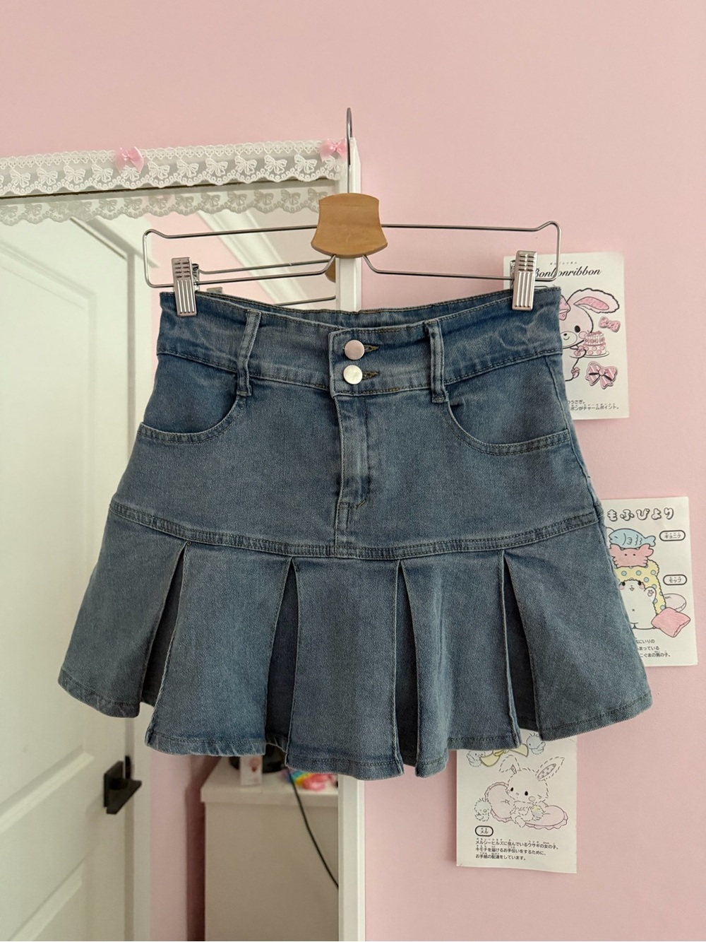 Japanese Brand Ready me go! Denim Pleated Mini Skirt - Blue